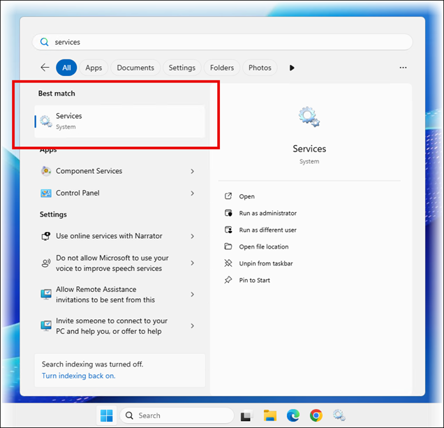The Services item in the Start menu.